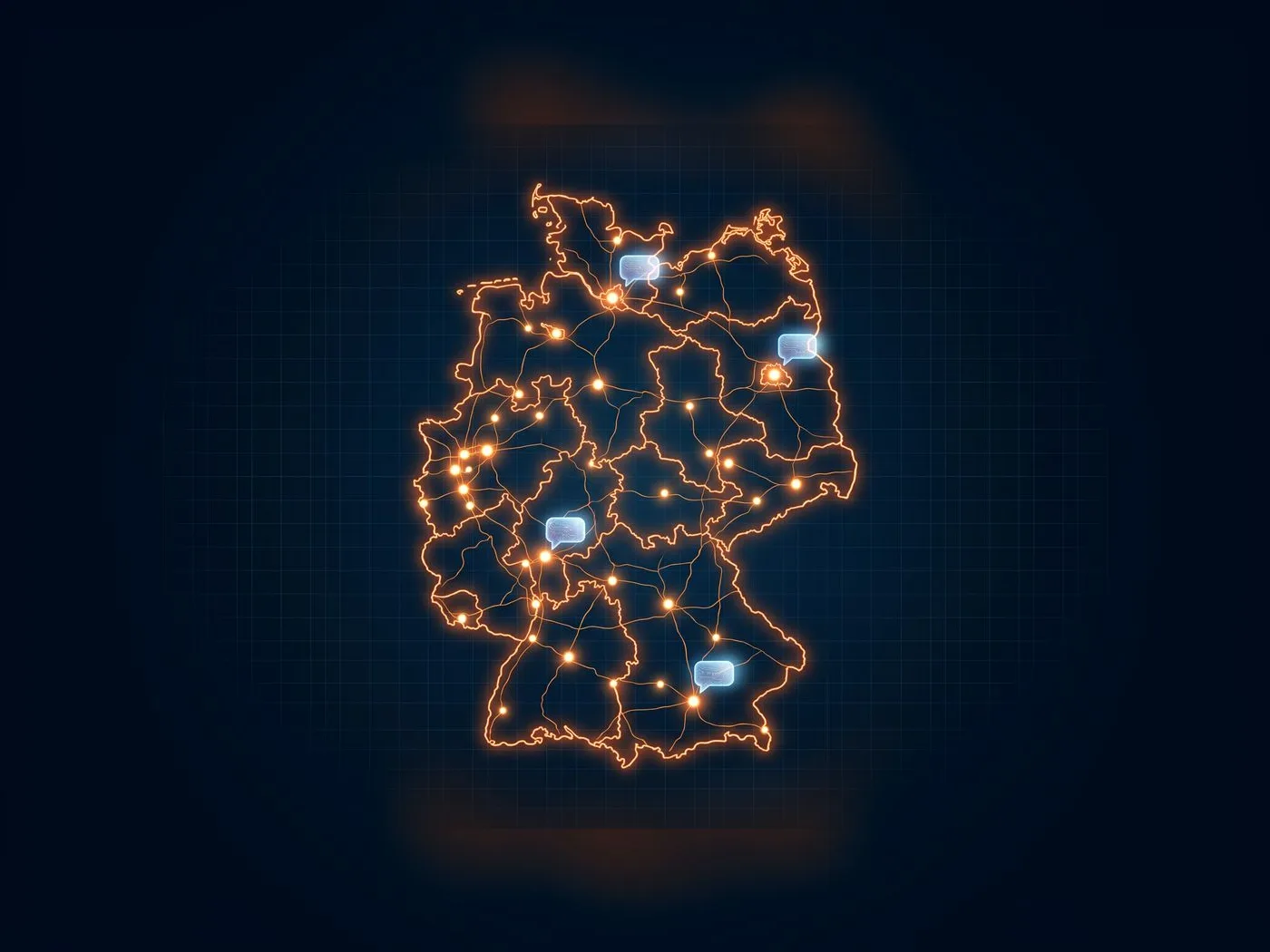 Leuchtende Deutschlandkarte mit verbundenen Städten und KI-Sprechblasen