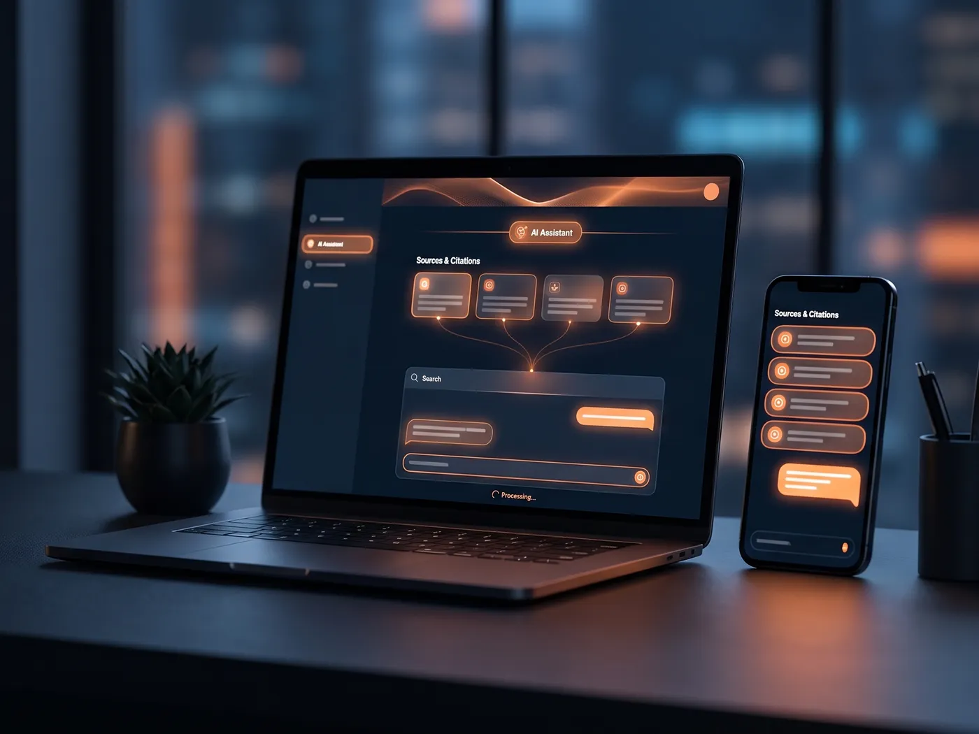 Laptop und Smartphone mit einer KI-Antwort und Quellenkarten auf einem Schreibtisch bei Nacht
