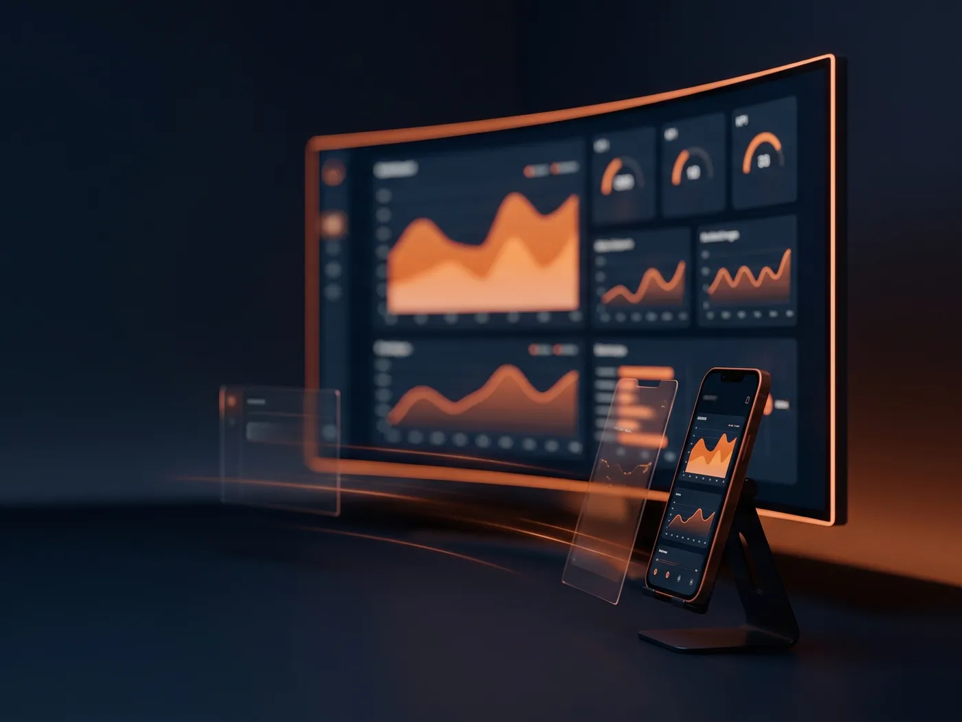 Monitor und Smartphone mit Werbe-Dashboards an einem modernen Arbeitsplatz