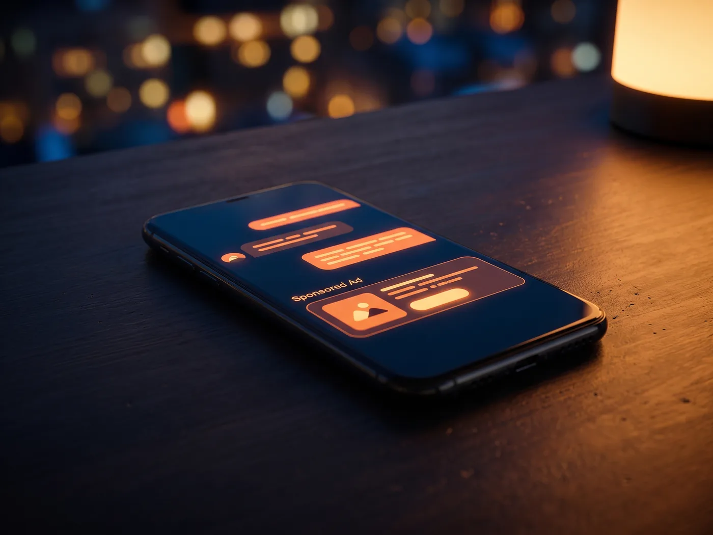 Smartphone auf einem Schreibtisch bei Nacht mit einem KI-Chat und einer hervorgehobenen Anzeige